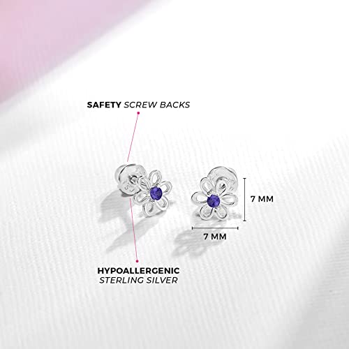 Image of In Season Jewelry CZ Flower Kids Earrings - 925 Sterling Silver Hypoallergenic Earrings for Girls with Secure Screw Backs - Safe & Comfortable for Toddlers, Kids & Little Girls