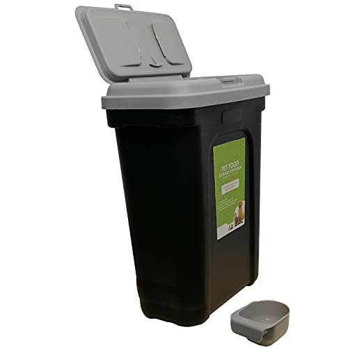 Livingshire Pet Food Storage Container with Integrated Scoop | 30 L Flip-Up Lids | Dog & Cat Dry Food Storage Bin Box | Black Bin with Grey Lid