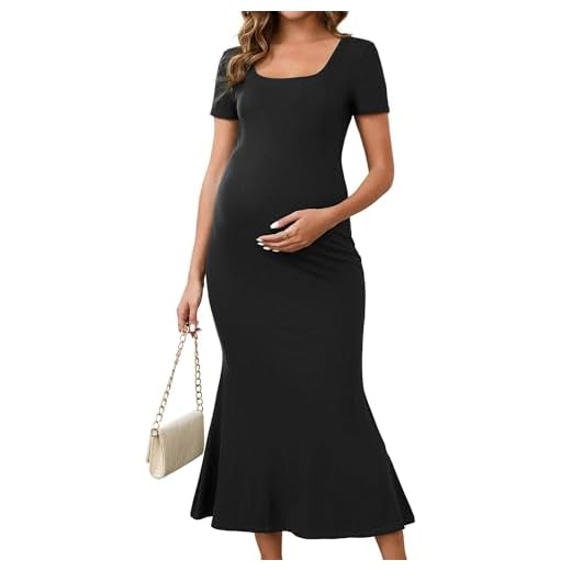 MARI GABRIEL Vestido feminino para gestantes, sereia, gola quadrada, colado ao corpo, justo, midi canelado para gravidez, convidada de casamento, Preto, P