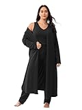 Vaimti plus size 3 Piece Casual Cardigan Vest Pants Set, Women's Pajama Loungewear Set Casual Homewear Set for Fall Winter, Black, 5XL Plus