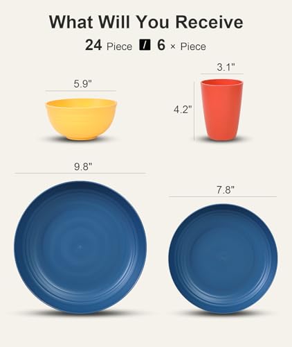 Image of Quatish 24 Piece Plates and Bowls Sets for 6, Unbreakable Dinnerware Sets, Dish Set for Camping, Dishwasher Microwave Safe, Outdoor Kitchen and Apartment Dorm Dinning RV Essentials, Multi