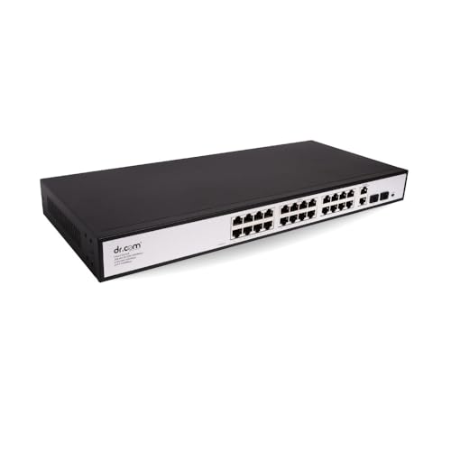 Image of dr.com 28 Port Gigabit PoE Switch with 24 PoE Ports 2 Uplink Ports and 2 SFP Slots 10 /100 /1000 Mbps 320W Power IEEE 802.3af /at Network Switch for CCTV IP Camera Rackmount Metal Body Black