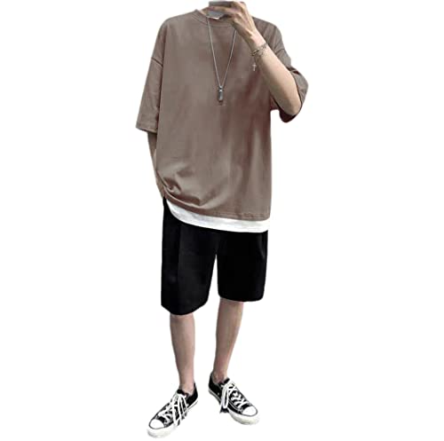 Ensemble t-shirt patchwork homme et pantalon solide court longueur genou marron