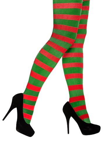 HENBRANDT Adult Christmas Red and Green Striped Tights Womens Fancy Dress Costume Accessories for Christmas Elf Costumes Mrs Claus Outfit Full Footed Stripey Elf Tights Fancy Dress for Women