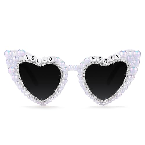 Etercycle 40th Birthday Sunglasses, Hello Forty Heart Glasses 40th Birthday Decorations For Women Men, White Shiny Diamond Pearl Glasses Happy Birthday Gifts