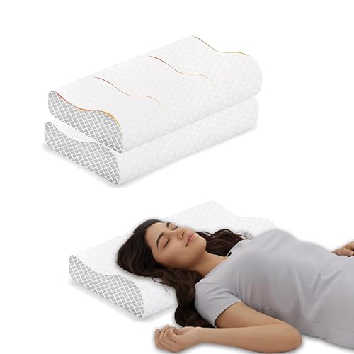 Image of Cervical Memory Foam Pillow Set of 2, Memory Foam Neck Support with Two Heights, Removable Zipper Cover, Ergonomic Design for Side and Back Sleepers, Grey, 48 x 30 cm