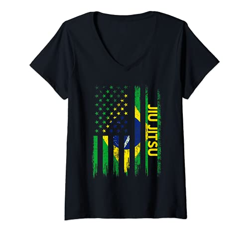 Mulher Jiu Jitsu T Shirt BJJ Gift Brazilian Martial Art Flag t-shirt decote em V, Preto, Pequeno
