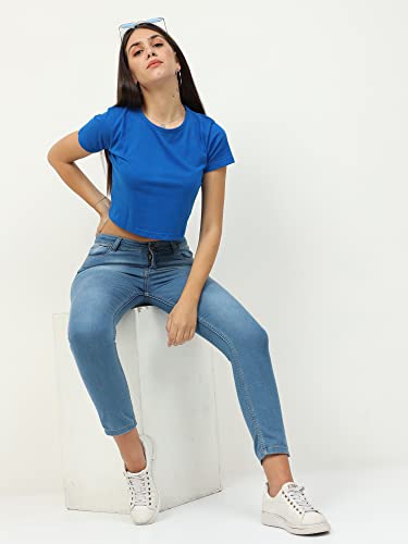 Image of FLEXIMAA Women's Cotton Plain Round Neck Half Sleeve Crop Top