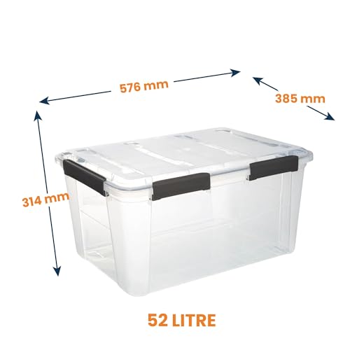 Image of Clear Heavy Duty Bulk Storage Water Proof Container with Lids Pack of 4, 52 Litre | Stackable Plastic Bins with Handles | BPA-Free, Multi-Purpose for Kitchen, Pantry, Office, or Garage