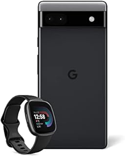 Google Pixel 6a  Unlocked Android 5G Smartphone with 12 megapixel camera and 24-hour battery  Charcoal + Fitbit Versa 4 Fitness Smartwatch, compatible with Android and iOS