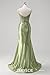 Zeeyecie Spaghetti Strap V-Neck Satin Emerald Green Prom Dresses Corset Tight Mermaid Beaded Glitter Backless Sexy Evening Formal Ball Gowns with Slit US8