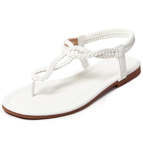 Image of iCKER Womens Braided T‑Strap Flat Sandals Elastic Stretch Ankle Strap | Boho cute casual lightweight and comfort matches dresses for beach vacation