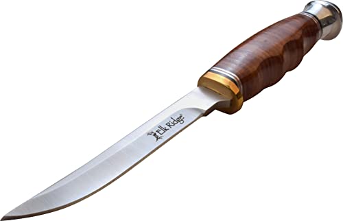 Elk Ridge - Outdoors OUTSKIRT Fixed Blade Knife - 8.12-in Overall, Satin Finish Stainless Steel Skinner Blade, Stacked Leather Handle, Includes Leather Sheath, Hunting, Camping, EDC - ER-200-30LBR