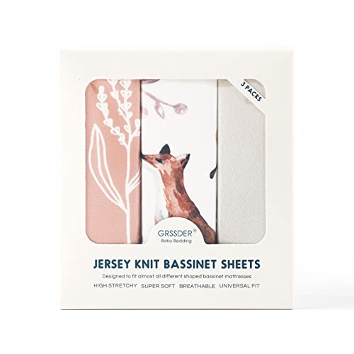Image of GRSSDER Stretchy Ultra Soft Fitted Bassinet Sheet Set 3 Pack, Universal Fit for Bassinets Baby Cradle Moses Basket Oval Rectangle Mattress, Pretty Fox for Baby Girls