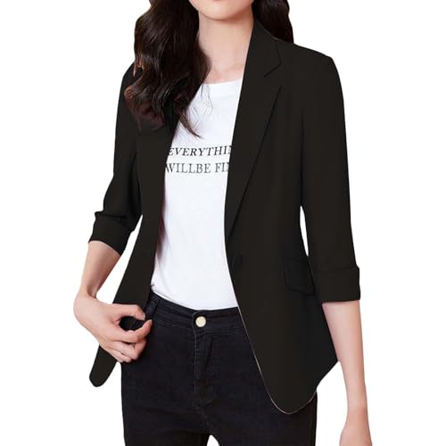 GOKKILRW Womens Blazers Petite Ladies Coats 3/4 Sleeve One Button Lapel Collared Formal Jackets Business Office Work Suits