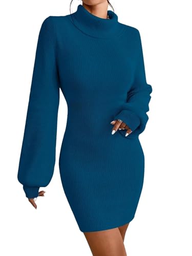 Image of Turtleneck Sweater Dress for Women Lantern Sleeve Mini Bodycon Ribbed Knit Sweater Pullover Short Dresses XS-XXL