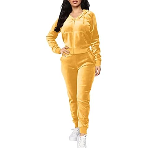 TOPONSKY Velour Tracksuit Women 2 Piece Velvet Zip Hoodie Sweatsuit Pockets, Lb Yellow, XX-Large Cover