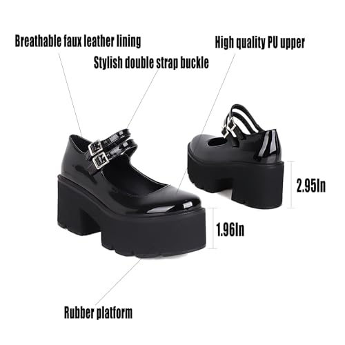 Women's Patent Leather Platform Mary Jane Shoes,Retro Round Toe Two-Strap Buckle Low Heel Chunky Pumps Lug Sole Dress Shoes3