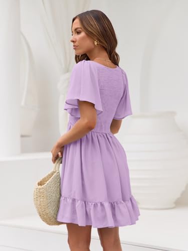 Image of LILLUSORY Women's Flowy Casual Mini Dresses 2026 Summer Graduation Smocked V Neck Vacation Dress Dress with Pockets