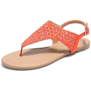 DREAM PAIRS Women's Rhinestone Casual Wear Cute Gladiator Flat Sandals Beach Dressy T-Strap Thong Sandals 6 Orange
