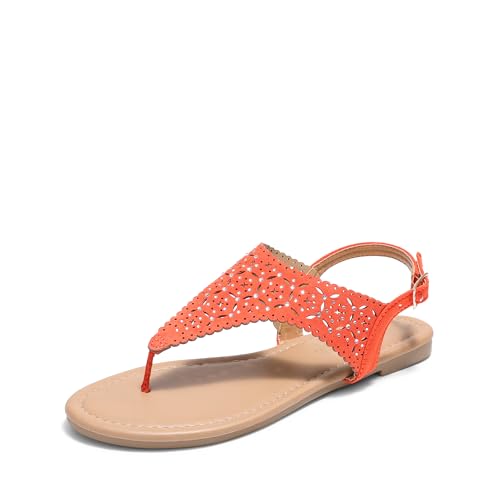DREAM PAIRS Women's Rhinestone Casual Wear Cute Gladiator Flat Sandals Beach Dressy T-Strap Thong Sandals 6 Orange