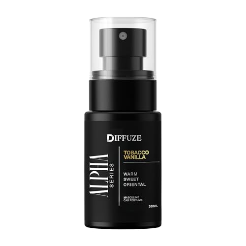Image of DIFFUZE ALPHA Series Tobacco Vanilla Car Perfume Spray with Hanging Card - 30 ml | Premium Masculine Car Fragrance for Men | Long Lasting Warm & Spicy Scent | Luxury Car Air Freshener | Made in India