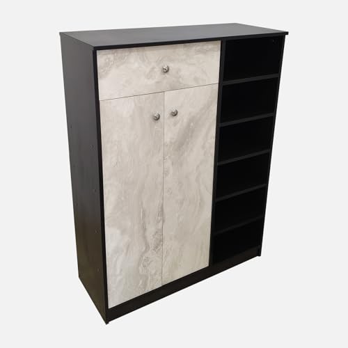 Image of KIK Liberty Engineered Wood 2 Doors Shoe Rack Cabinet Slipper Footwear Stand Organizer with Drawer can Store Up to 24 Pairs for Home (Wenge & Marble Finish)
