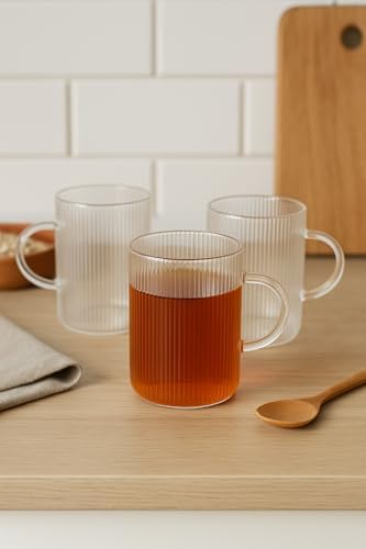 3 Adet Çizgili Kulplu Isıya Dayanıklı Borosilikat Cam Kahve Çay Bardak - 200 ml Cam Çay Bardağı - Görsel 1