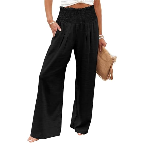 Women Linen Palazzo Pants Summer Wide Leg High Waisted Baggy Lounge Pants Trousers 2025 Beach Vacation Outfits3