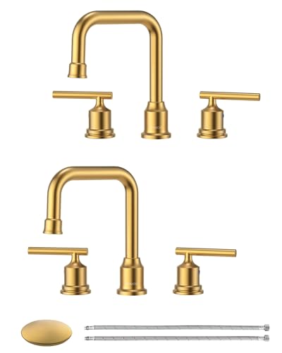 Brushed Gold Bathroom Faucet Set: WOWOW Widespread Bathroom Sink Faucet 3 Hole with Pop-up Drain and Supply Lines, 8 Inch Vanity Taps 3 Pieces Basin Tap 2 Handle Modern (Set of 2)