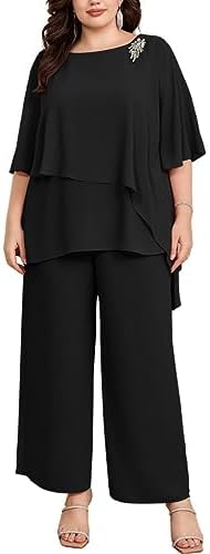 Hanna Nikole Damen Große Größen Chiffon Abendanzug Sets Cocktail Party Festlich Elegant 2-Teiliges Set Shirt Und Hohe Taille Hosenanzug Zweiteiler