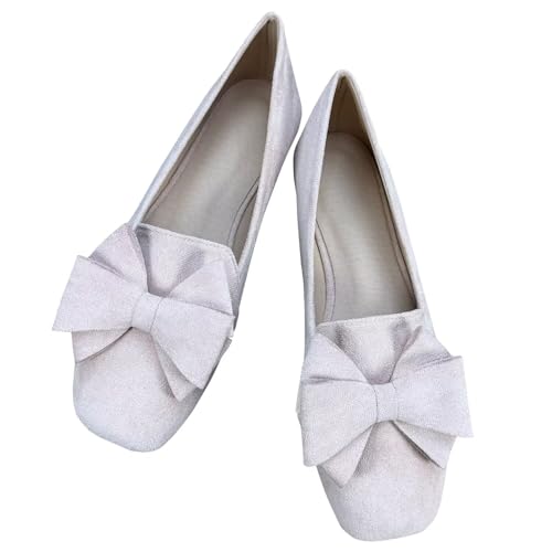 Image of WENJIAZHIZHI Square Toe Bow Ballet Slip-On | Classic Suede Finish,Chic Bow Detail,Effortless Everyday Style,Wedding Party Office,Plus Size Available