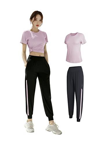 Seeya(シーヤ) スポ一ツウェア レディース 上下 セット トレ-ニングウェア ランニングウェア UVカット UPF50+ 軽量 吸汗 速乾 春 夏 秋に最適 (2点セット パンツ_ピンク L)