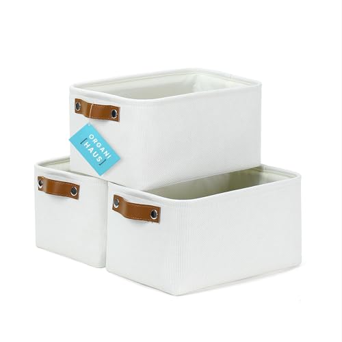 Image of OrganiHaus Small Fabric Storage Bins for Shelves 12x8in, Closet Storage Baskets for Shelf Organizing, Canvas Rectangle Bins for Organization, Small Baskets for Organizing - Off-White