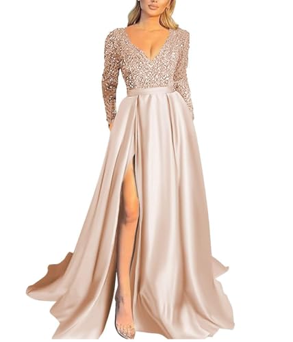 Long Sleeve Prom Dress Sparkly Sequin V Neck Satin A-Line Ball Gowns for Women Formal Evening Dresses with Pockets Slit