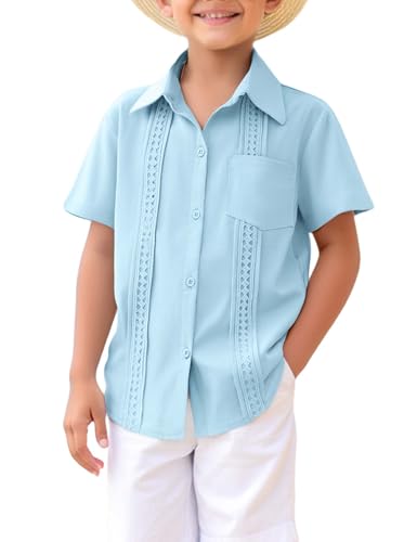 Image of Boys Guayabera Shirt Short Sleeve Button Down Casual Linen Shirt with Pockets for Summer Hawaiian Holiday 4-13Y