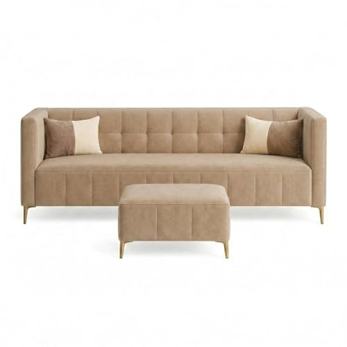 Image of SOCOZI Stylluxe 4 Seater L Shape Sofa Set with Movable Ottoman | Flexible Left or Right Layout | Soft Velvet Suede Fabric | Modern Design | Plush Comfort Cushions for Living Room (Beige)