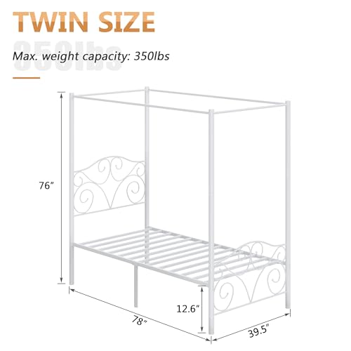 Image of VECELO Metal Canopy Bed Frame Twin Size, 4 Posters Platform Mattress Foundation with Headboard, Heavy Duty Steel Slats Support, No Box Spring Needed, White