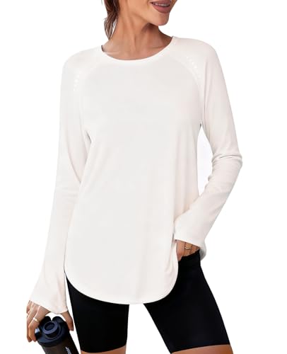 Crewhpo Camiseta Deportivo Mujer Manga Larga Cuello Redondo Camisetas Deportivas Transpirable Ligero y Holgada Camisa Deportiva para Atlético Fitness Yoga