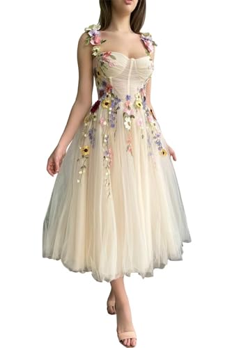 Fivsole Teen's 3D Flower Applique Prom Dress Short for Women Tulle Formal Gowns Floral Wedding Dress