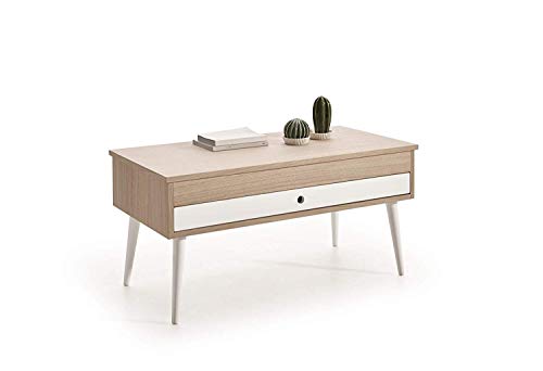 HOGAR24 ES Mesa de Centro Elevable con cajón Deslizante diseño Vintage, Madera Roble Natural Chapado, Color Roble-Blanco. Medidas: 100 cm x 50 cm x 47 cm.…