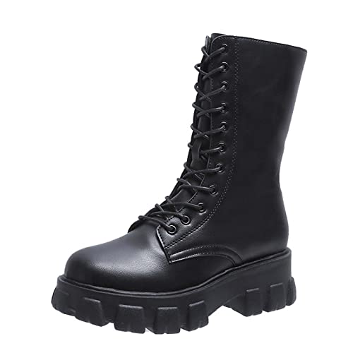 Womenâ€™s Platform Chunky Block Heel Boots Punk Goth Boots High Heel Chain Lace-up Ankle Boots with Side Zipper Combat Boots Motorcycle Boots (Black 10, 7.5)