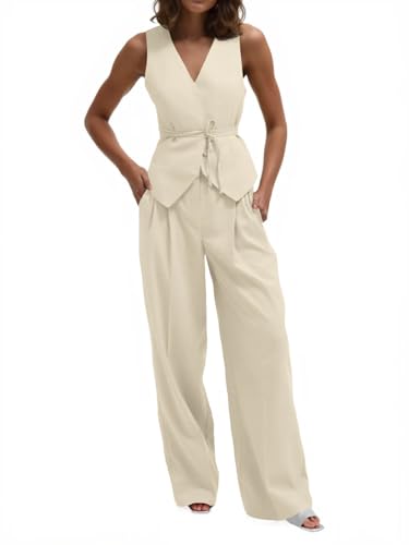 Ensemble gilet et pantalon jambe large tenue fluide abricot pour le bureau