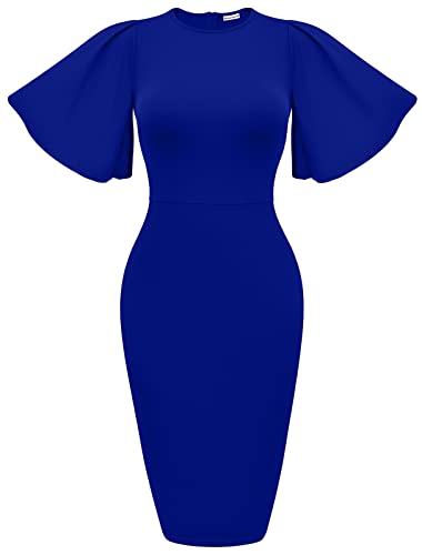 Memoriesea Women's Basic Bodycon Ruffle Flared Short Sleeve Pencil Midi Dress