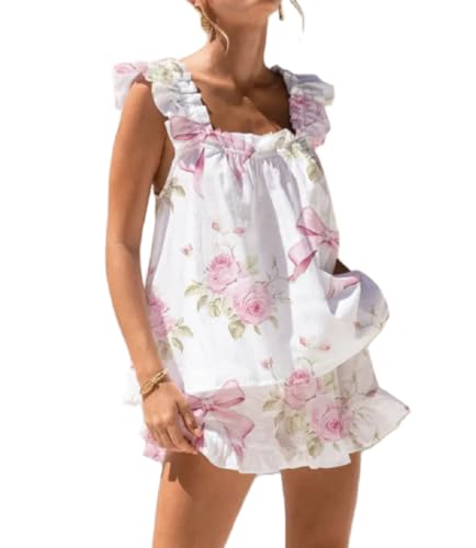 Image of ROAONOCOMO Women Floral Pajama Set Ruffle Babydoll Cami Top Coquette Pj Set Gingham 2 Piece Shorts Outfit Bridal Loungewear