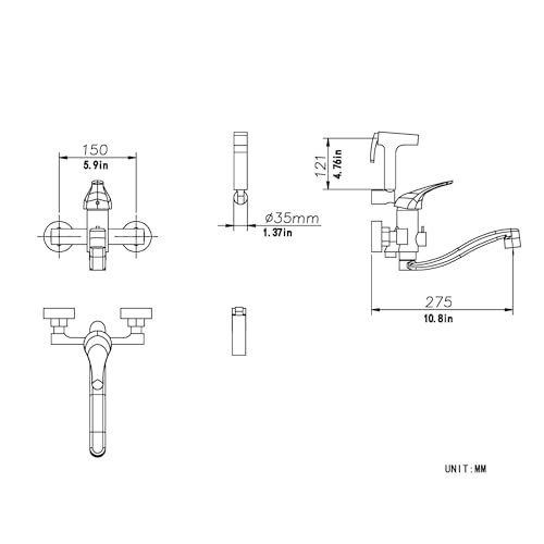 Robinet de cuisine mural avec pistolet laiton rotatif basse pression - 4