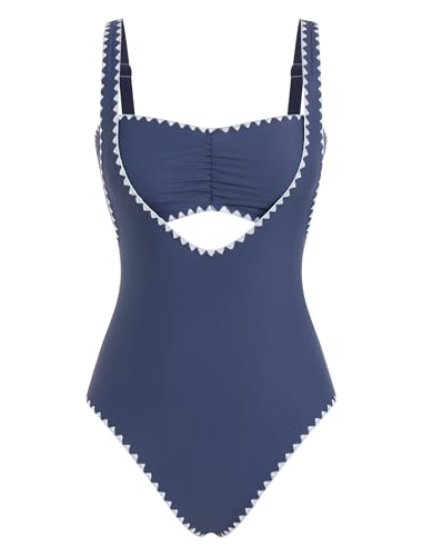 Image of ZAFUL Bikini Sets for Women Color Block Ruched Bandeau Bikini V Neck Tummy Control Swimsuit Romper 2 Piece Bathing Suit