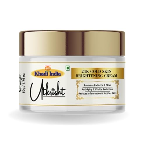 Image of Khadi India Utkrisht 24K Gold Skin Brightening Cream, Anti Aging Moisturizer with Hyaluronic Acid and Collagen, Firming Day and Night Cream for Women, 50g
