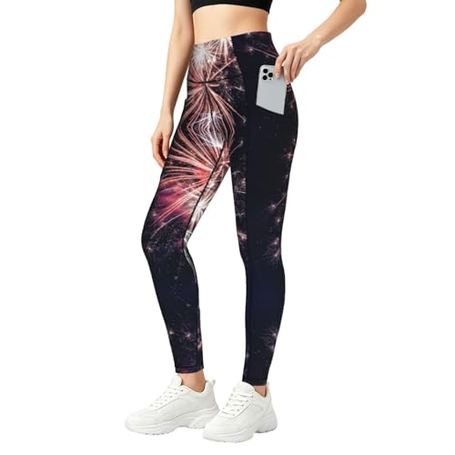 Leggings con estampado de fuegos artificiales para mujer con bolsillos para gimnasio