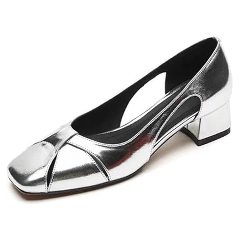 Women's Hollow Thick Heel Square Toe Pumps,Comfortable Slip On Patent Low Block Heel Shoes Outdoor Classic Dress Wedding Office Party Shoes